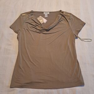 Carmen Marc Valvo women's size XL olive green, shoulder zipper waterfall collar